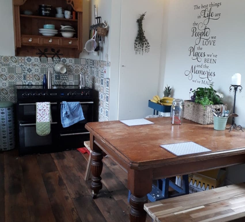 rustic kitchen vintage wood table quote wall art pattern wall tiles